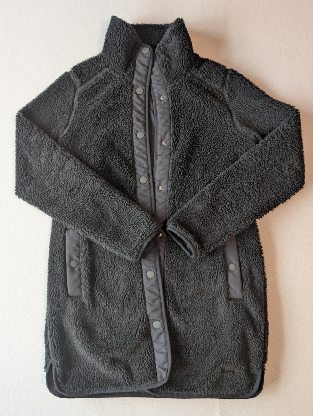 L.L.Bean Women's Plush Sherpa Fleece Coat Snap-Front Tunic Jacket Black XXS